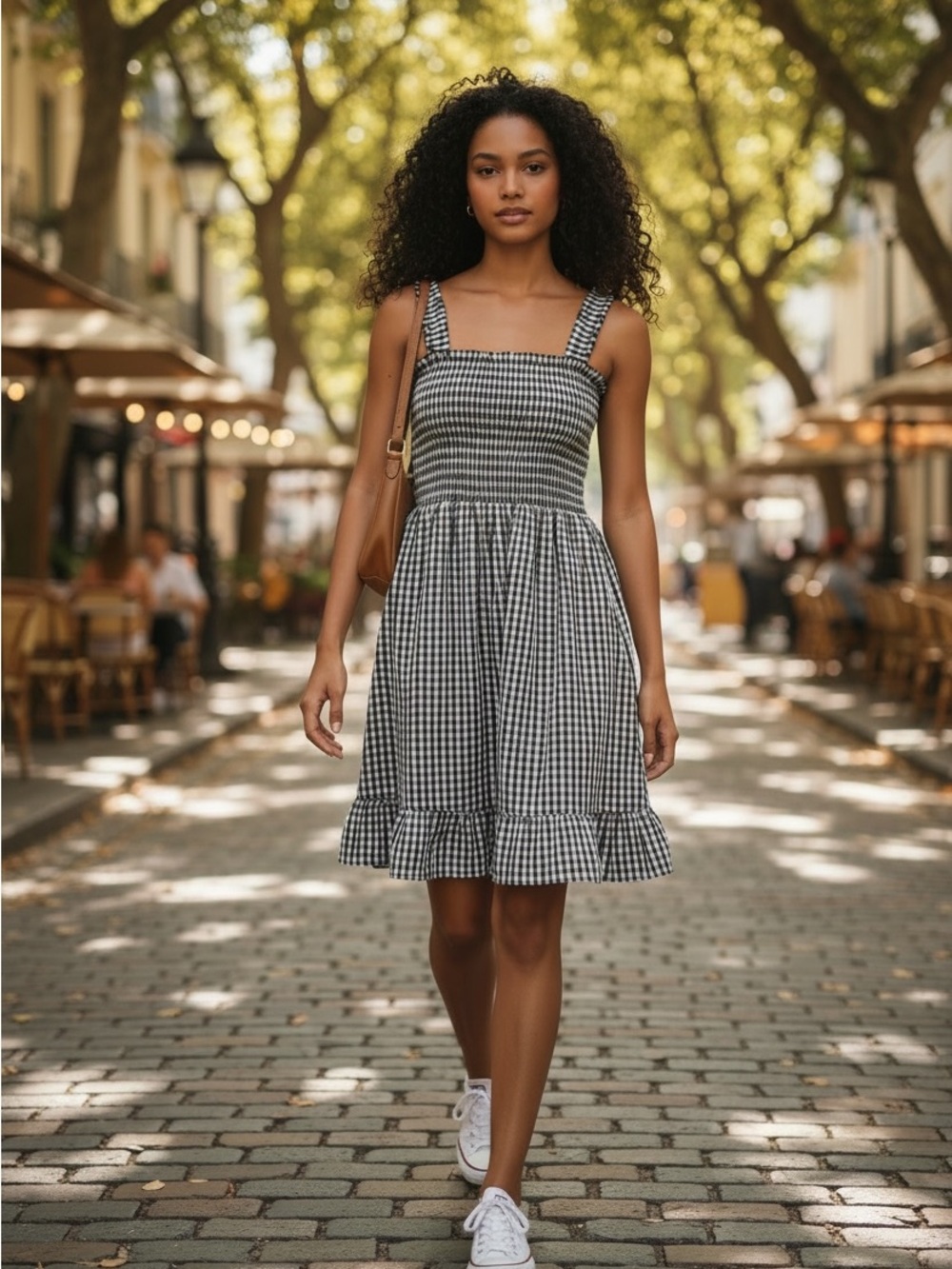 LOFT Black and White Gingham Smocked Mini Dress